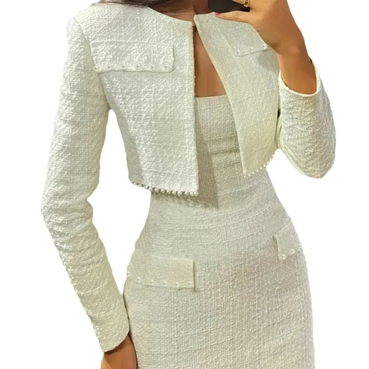 Two Piece Set Women Sexy Strapless Dress Short Coat Pearls Slim Dresses Suit Ensemble 2025 Female Temperament Vestidos Outfits 250618