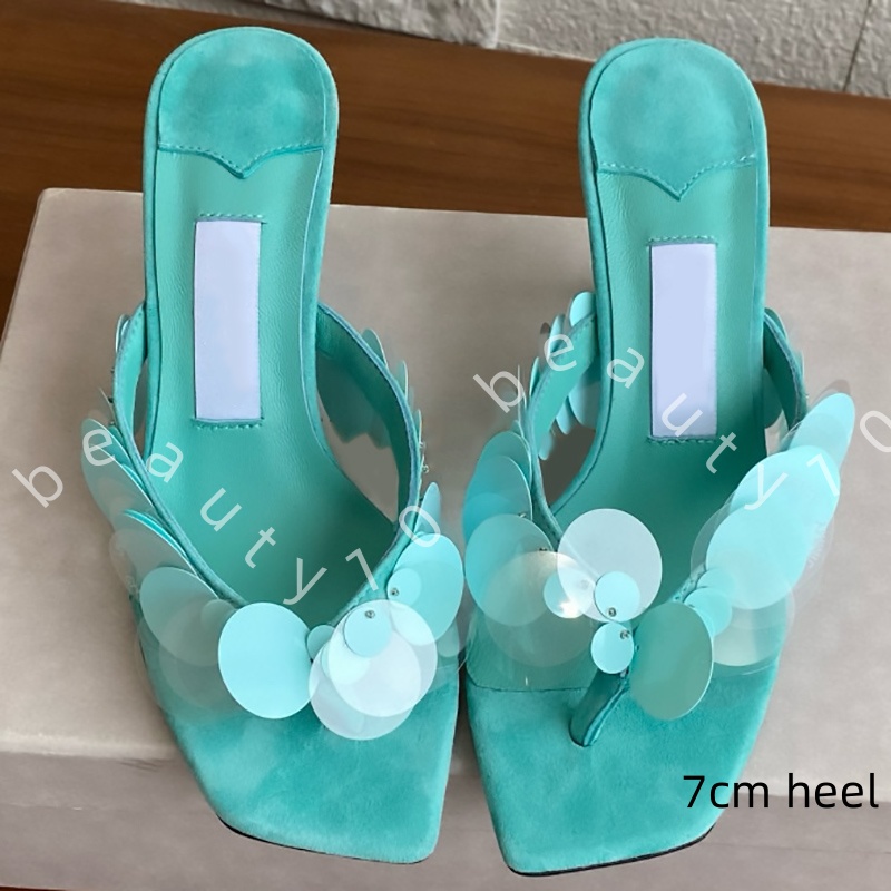 (Order by pic in opt, not by desc) Women's Sequin Square-Toe Thong Heel Slippers - Sparkling Party Sandals with Kitten heel