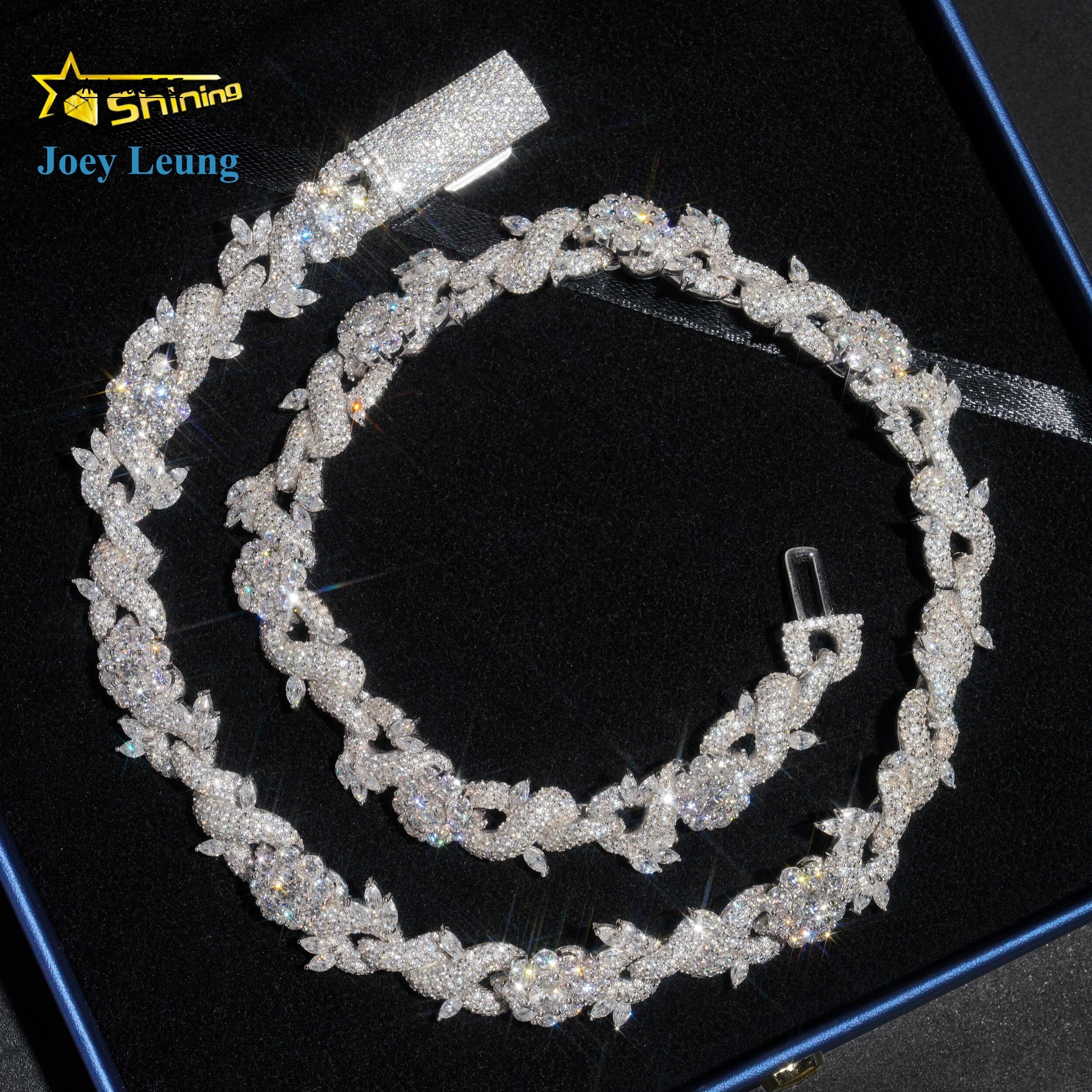 New Custom Design Silver 925 Fashion Luxury Flower Moissanite Diamond Hip Hop Jewelry Iced Out 15MM Cuban Link Chain