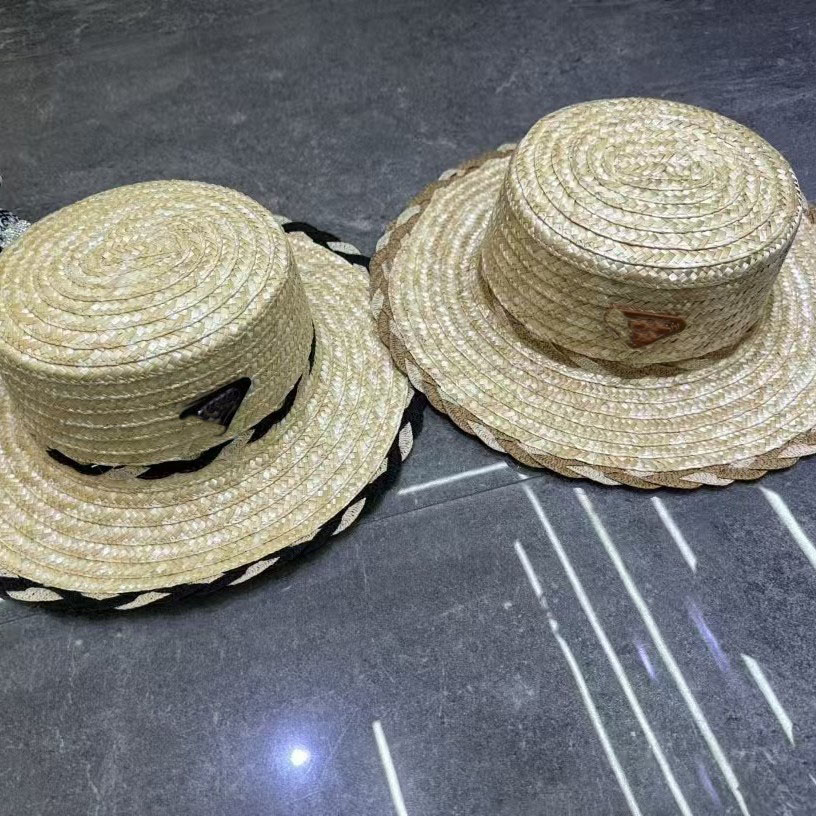 2025 Designer Wheat Straw Woven Color-Blocking Flat Top Straw Hat - Three Labels Included, Large Stock Available