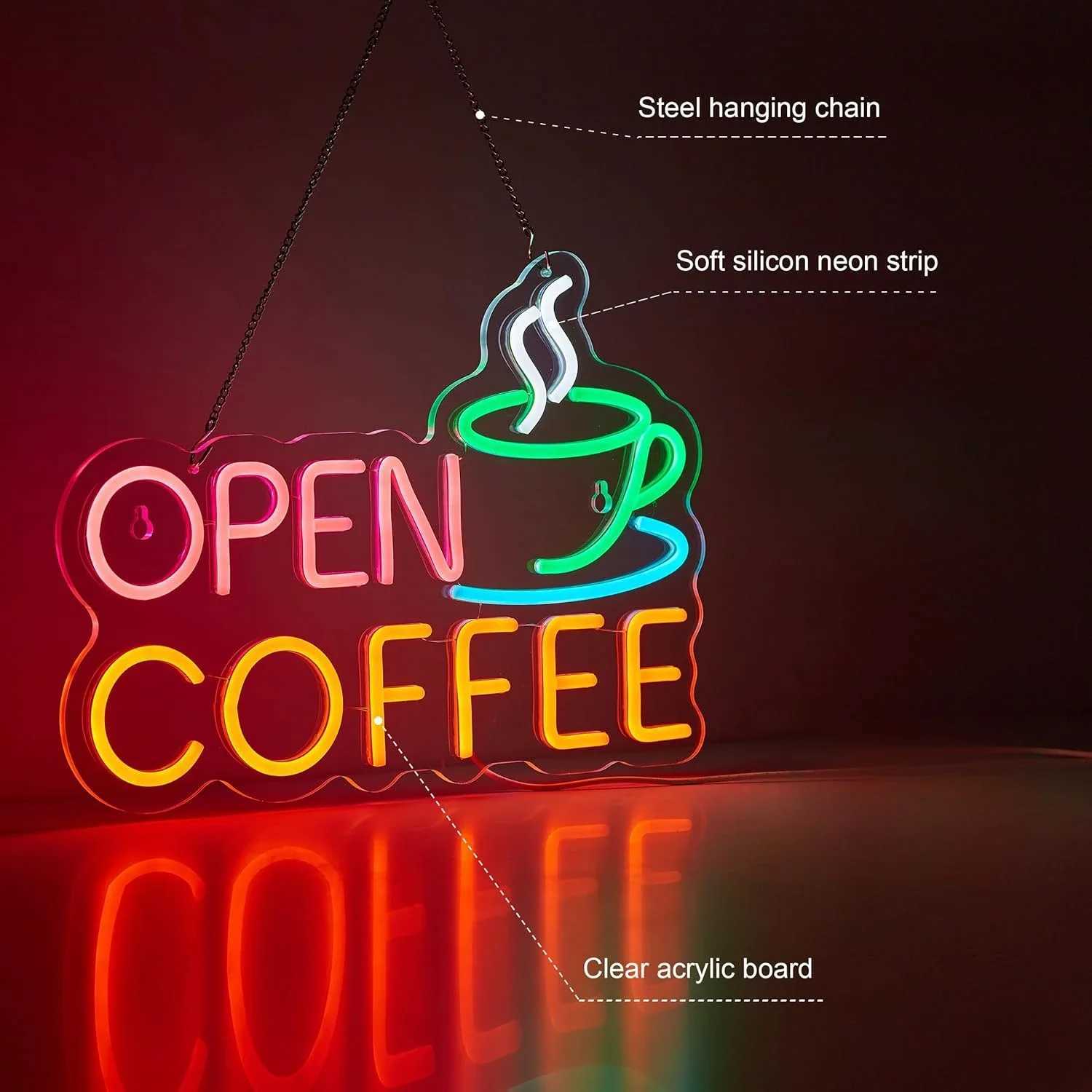 Coffee Open Neon Sign for Wall Decor Dimmable Business Shop LED Neon Light USB Powered Neon Art Signs Decor Gifts XJ250626