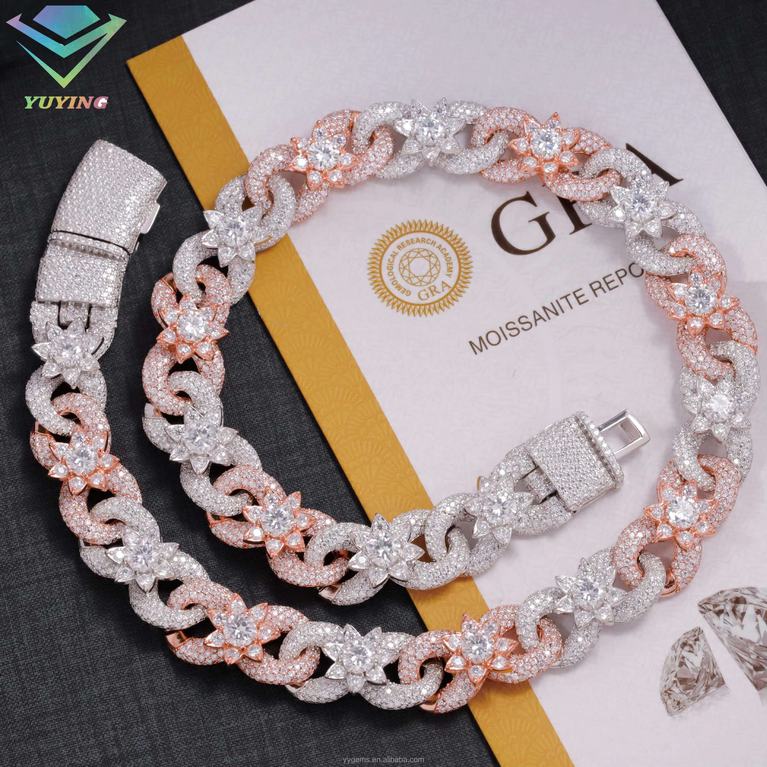 HOT SELLING 15mm Colorful Moissanite Flower Ready Stock Cuban Link Hip Hop Fancy Diamond Cuban Link Chain Moissanite 925