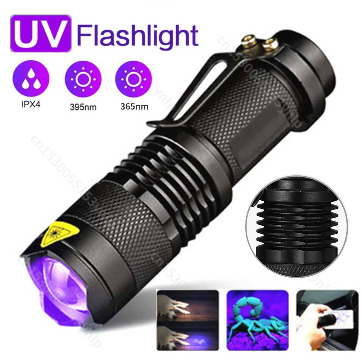 LED UV Flashlight 365/395nm Portable Mini Ultraviolet Torch Waterproof Zoomable Violet Light Pet Urine Scorpion Detector UV Lamp W250701