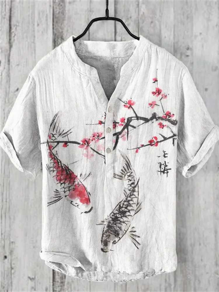 2025 New Mens Linen Short-Sleeved Shirt Fashion Casual Printed Tops European And American Popular Style Mens Clothing W250627