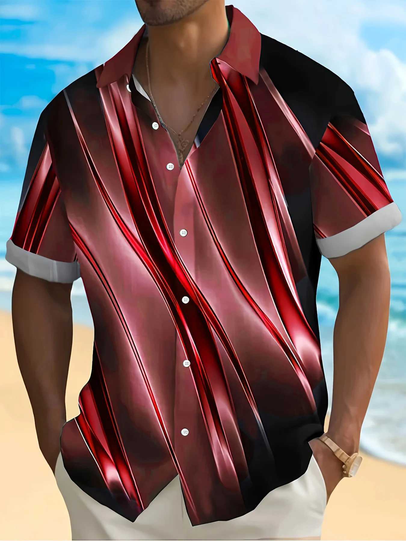 2025 Mens Colorblocking Striped Printed Button Down Short Sleeve Shirt Large Size 5XL High Quality Hawaii Beach Tops W250627
