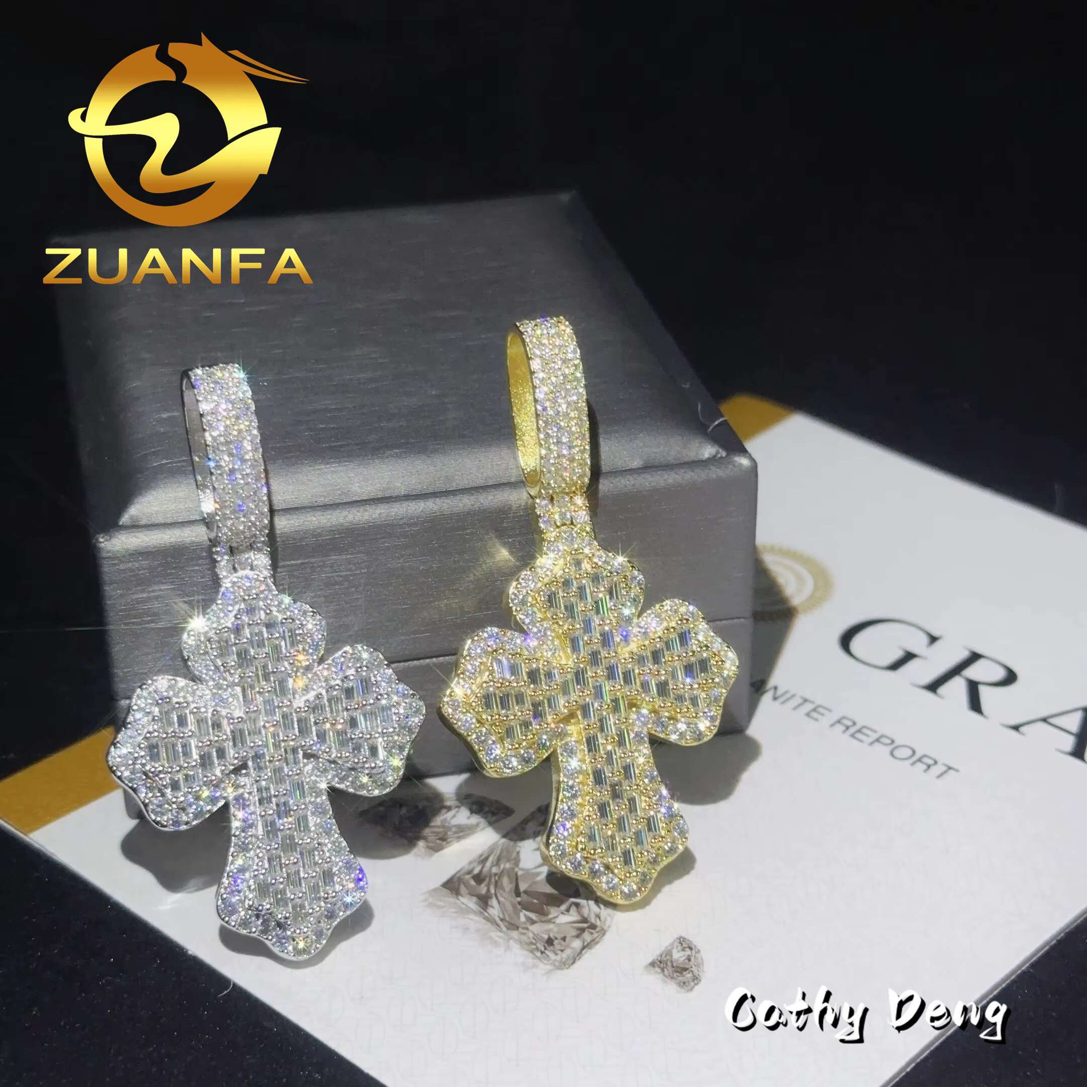 Read Shipping Hip Hop Jewelry Cross Pendant Silver 925 Iced Out Baguette Cut Moissanite Cross Pendant With Stainless Steel Chain