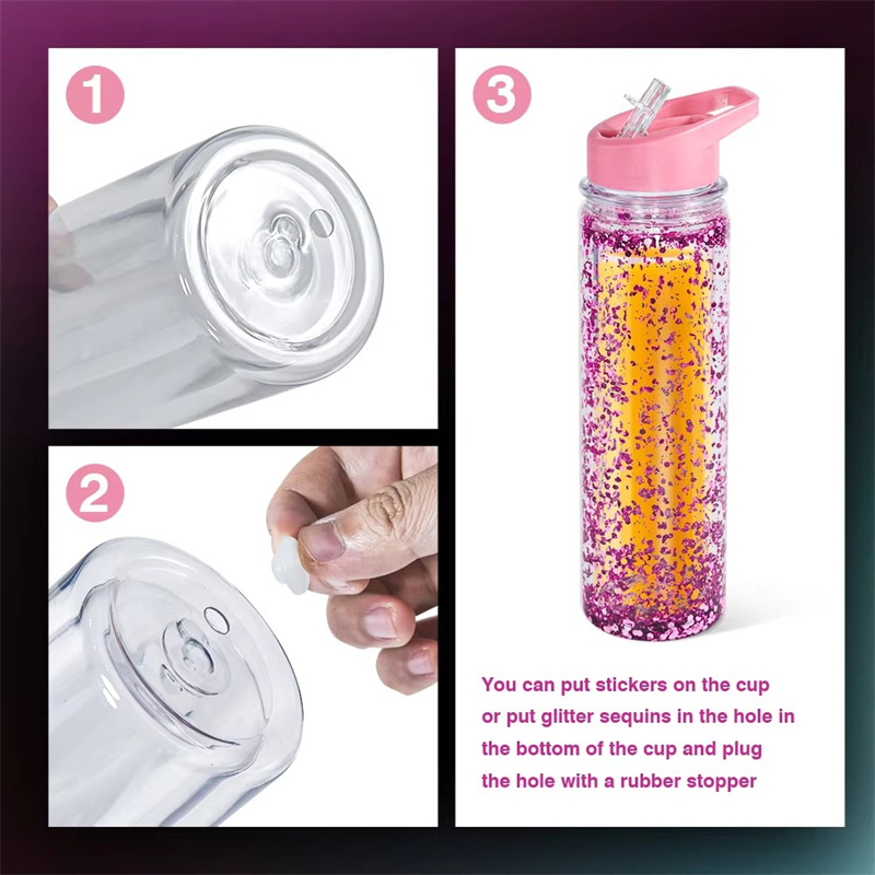 500ml 17oz Snow Globe Plastic Cups Double Wall Acrylic Tumbler Pre Drilled Water Bottle With Flip Lids & Hole Stopper For Glitter And UV DTF Wraps