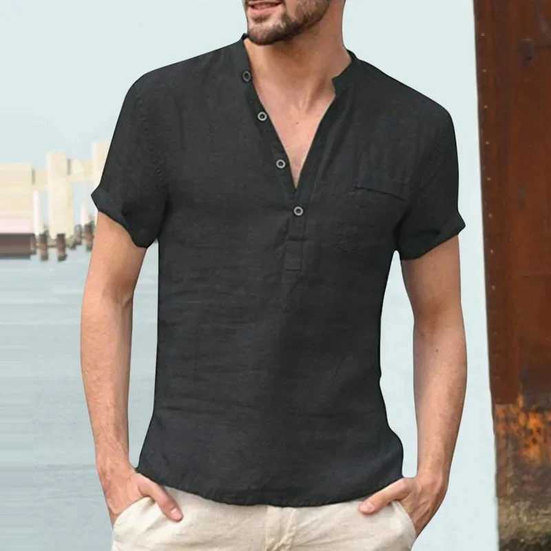 High Quality 2025 New Mens Cotton Linen V Neck Bandage T Shirts Male Solid Color Casual T-shirt Tops S-3XL W250627