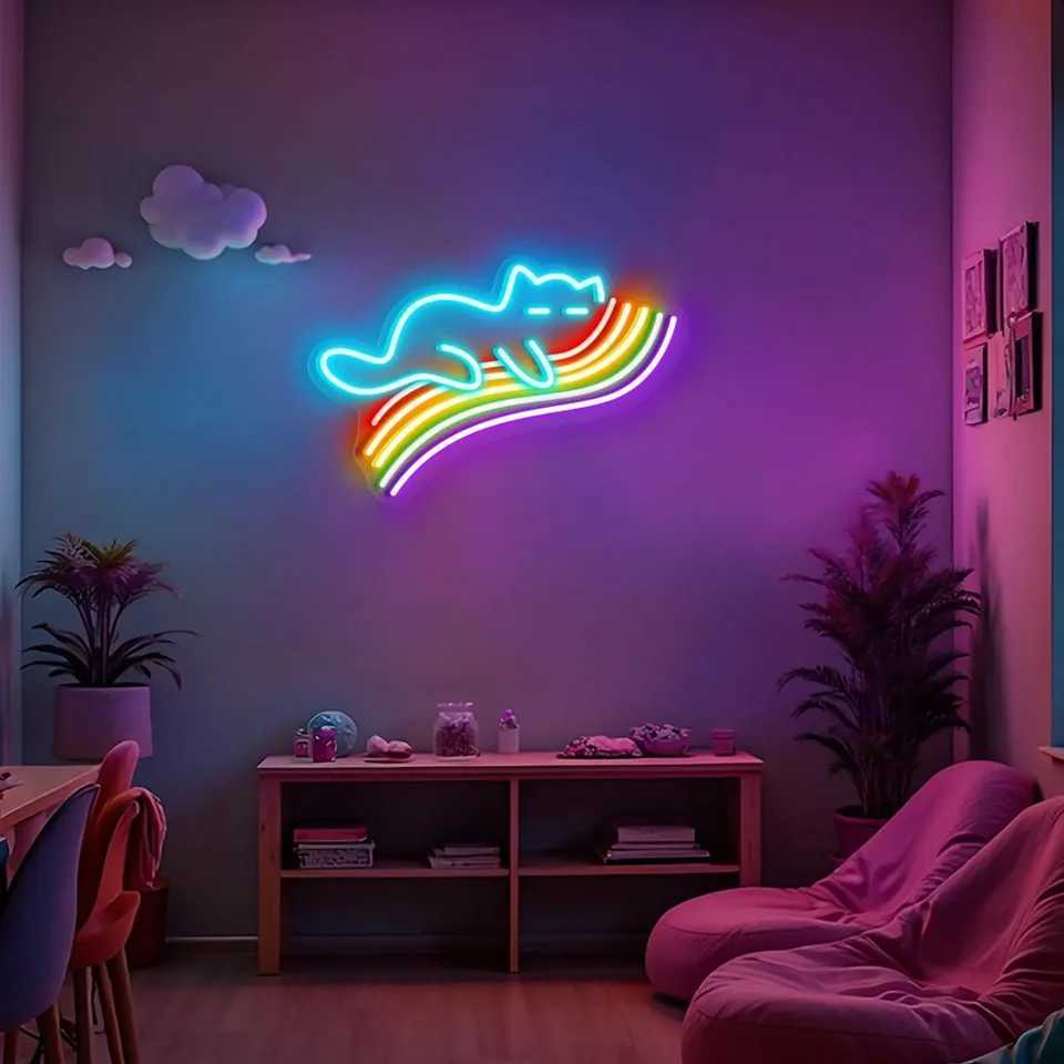 Cat Sleeping On Rainbow Neon Sign Rainbow Cat Neon Sign Cute Cat Lover Gift Aesthetic Wall Decor Kid Room Decor XJ250626