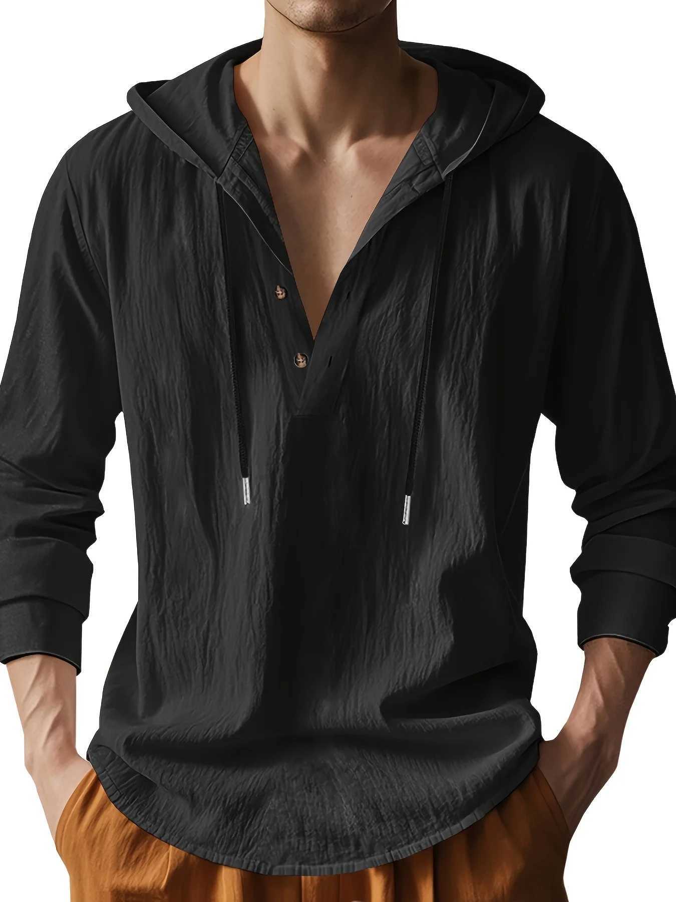 Mens Lightweight Linen Hooded Henley Shirt Casual Long Sleeve Button-Up Drawstring Solid Color W250627