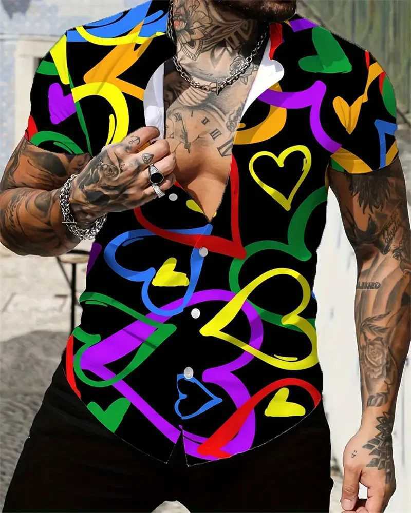 Hawaiian Mens Shirt Luxury Short Sleeve T-Shirt XS-5XL Lapel Casual Business 3D Printing Love Top 2024 W250627