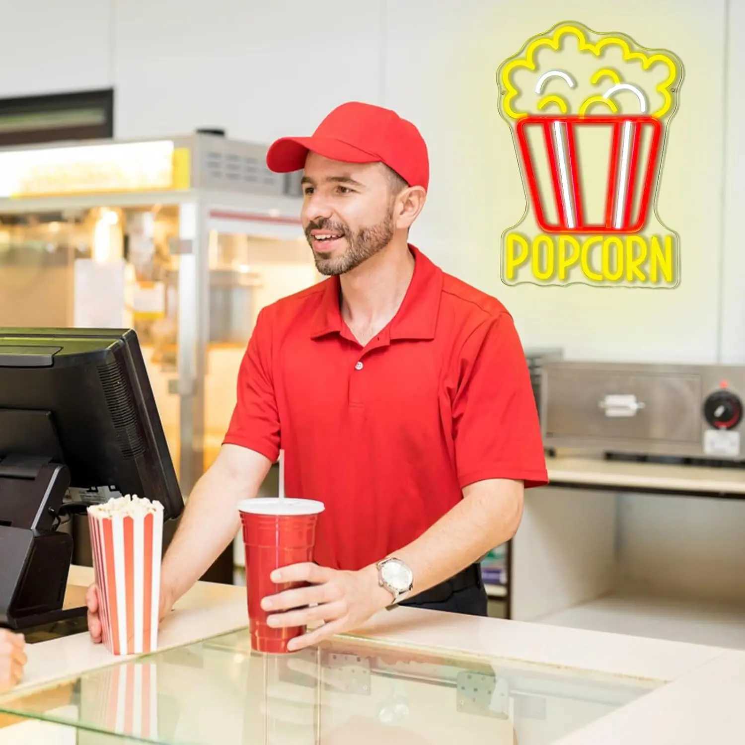 Popcorn Neon Sign Dimmable Food LED Neon Light for Home Cinema Snack Shop Kitchen Video Room Cafe Home Bar Party Man Cave Decor XJ250626