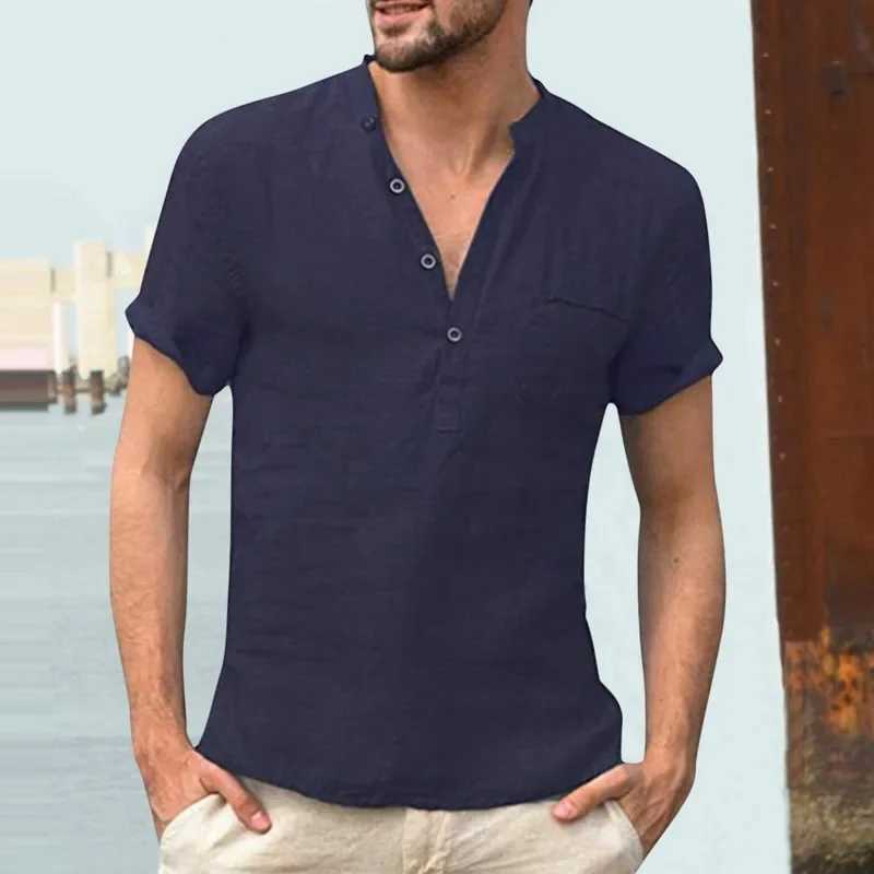 High Quality 2025 New Mens Cotton Linen V Neck Bandage T Shirts Male Solid Color Casual T-shirt Tops S-3XL W250627
