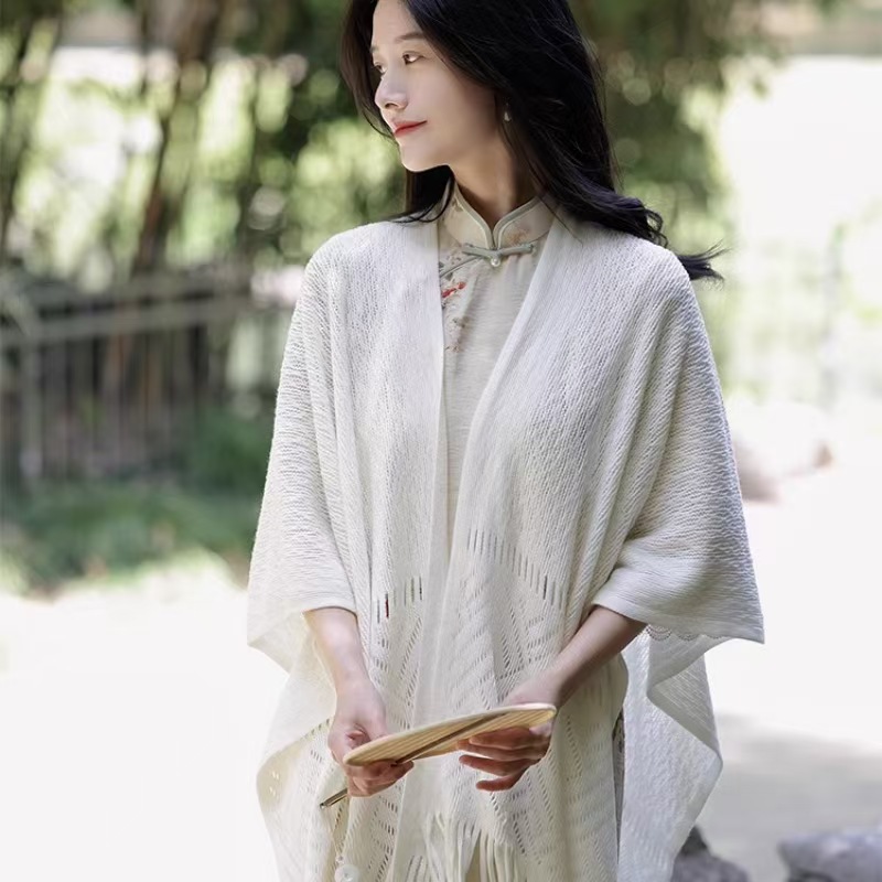 K1151 Air-conditioned room office knitted shawl women's hollow tassel fashionable cheongsam outer wear white cape cloak thin section