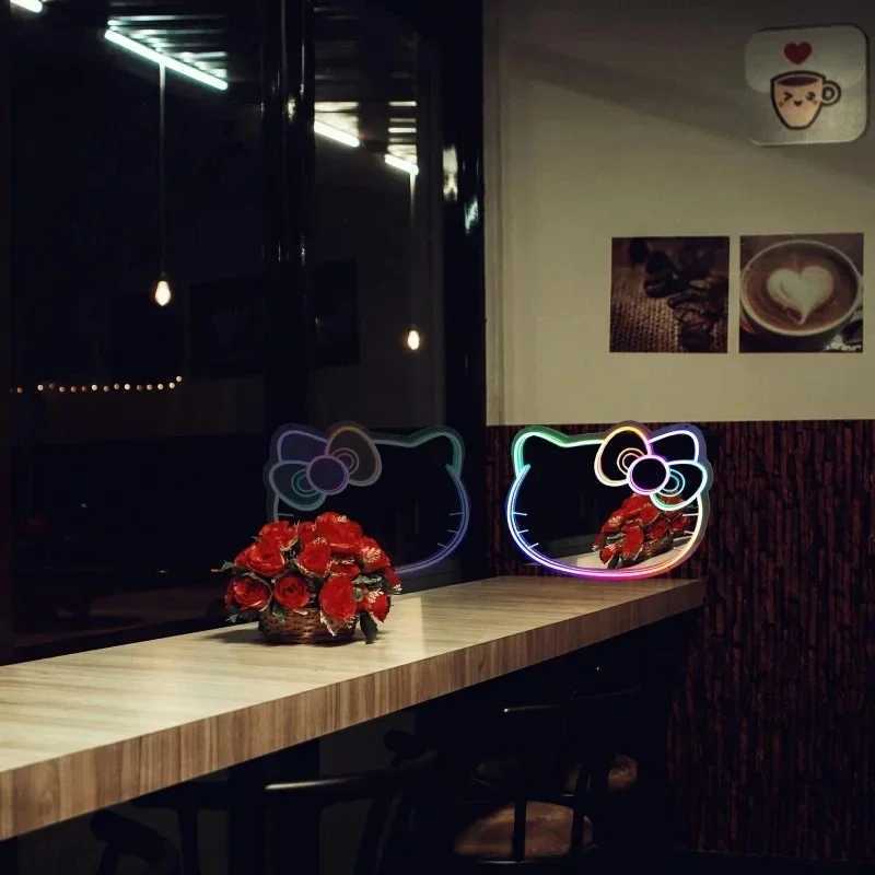 Kitty Cat LED Neon Mirror Anime Pink Cat Neon Sign Wall Mounted Makeup Mirror APP Control Dimmable Beauty Shop Studio Decor XJ250626