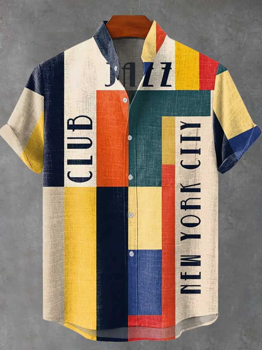 2025 Summer New Color Blocked Art Elegant Pattern Printed Linen Short Sleeved Shirt Comfortable High Quality Button Mens Top W250627