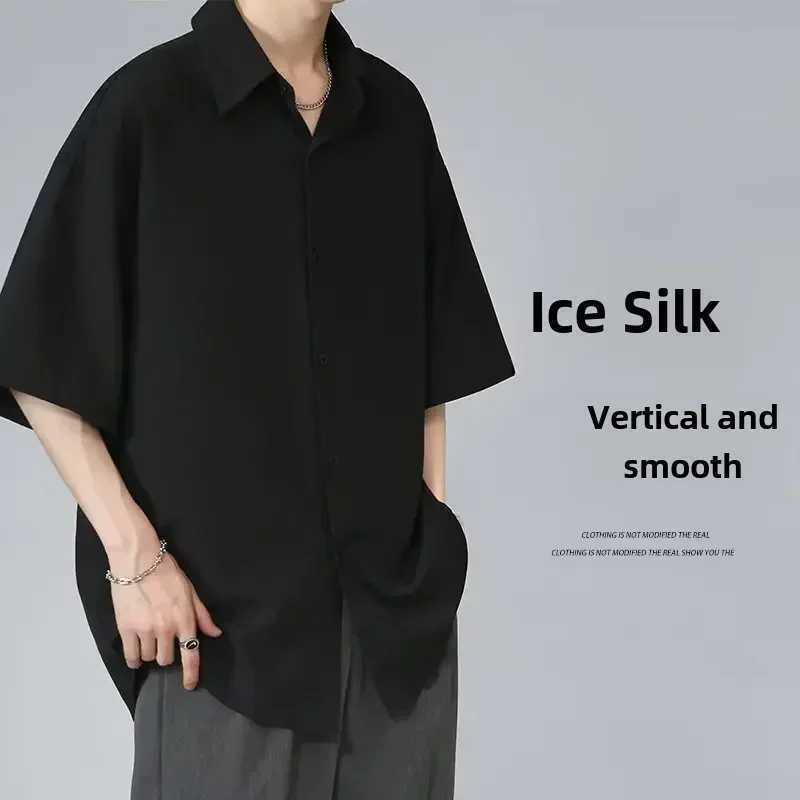 Mens Ice Silk Short Sleeve Shirt Casual Loose Fit Korean Style Trendy Black Shirt For Summer Thin Sleeve Casual W250627