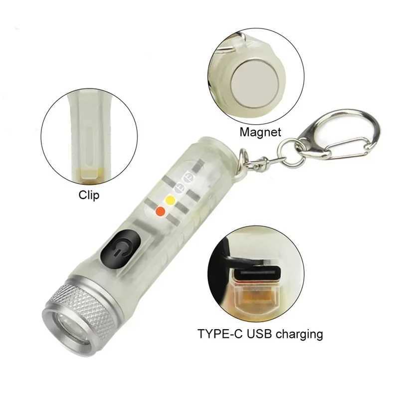 1-10PCS Fluorescent Flashlight Mini Keychain Light Rechargeable Multi-function Portable Magnetic Torch Lamp IP66 Warning Light W250701