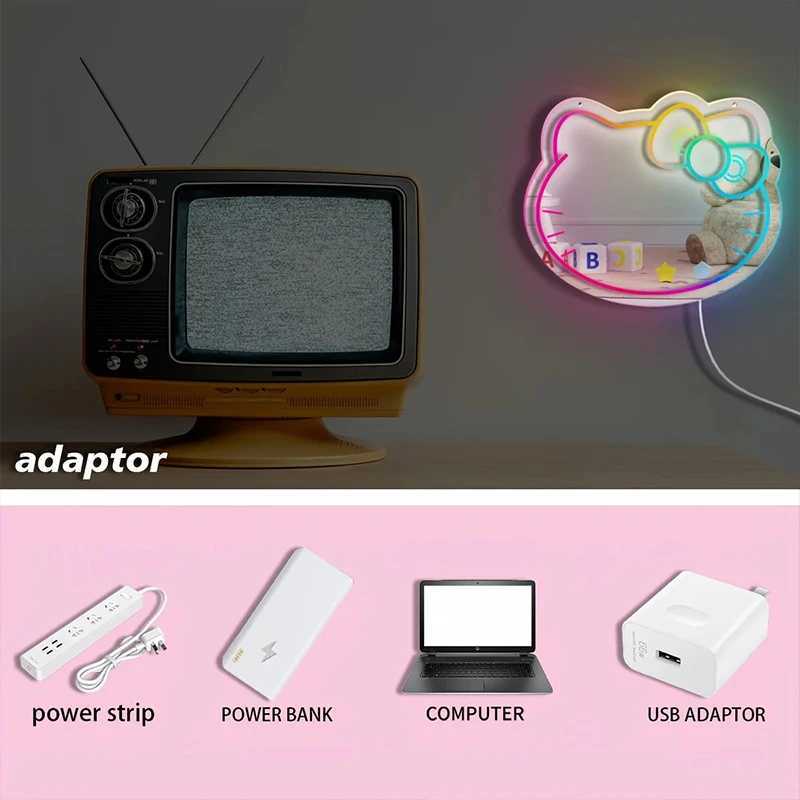 Kitty Cat LED Neon Mirror Anime Pink Cat Neon Sign Wall Mounted Makeup Mirror APP Control Dimmable Beauty Shop Studio Decor XJ250626