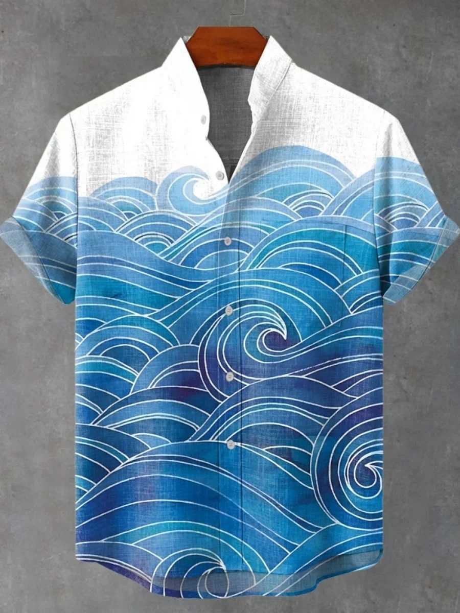 2025 Mens Summer Short-sleeved Shirt New Printed Linen Shirts European And American Popular Elements Printed Shirt W250627