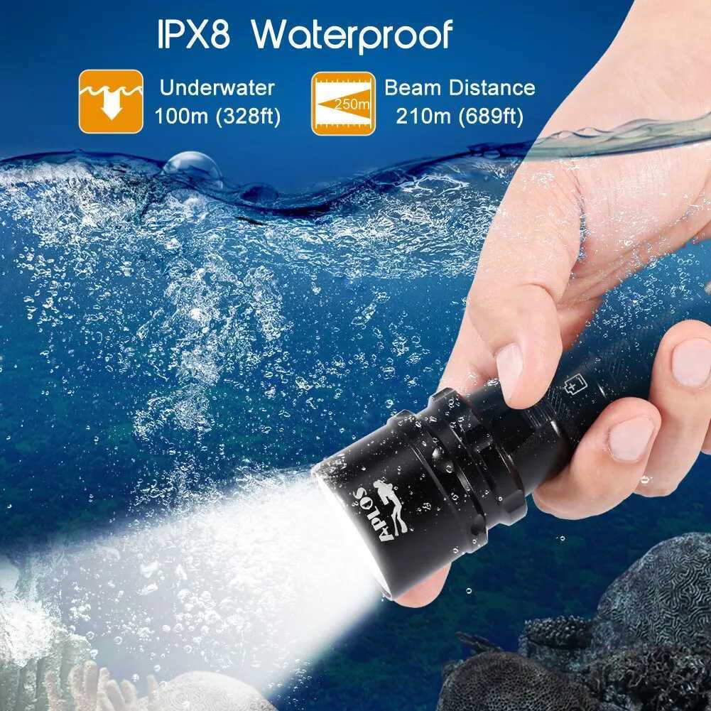 APLOS AP20 Dive Light 2000 Lumens Scuba Diving Flashlight IPX8 Waterproof Underwater Torch with Rechargeable Battery Charger W250701