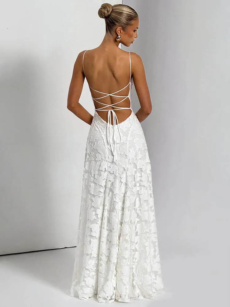 Mozision Spaghetti Strap Backless Sexy Maxi Women Gown Fashion Off-shoulder Sleeveless Lace-up Evening Club Party Dress