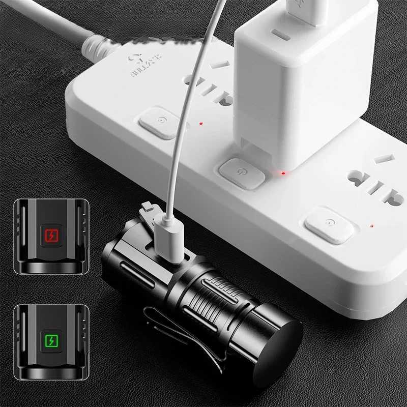 Powerful Portable Mini Flashlight USB Rechargeable 18350 Battery Strong Torch with Tail Magnet Cap Clip Lantern for Camping W250701