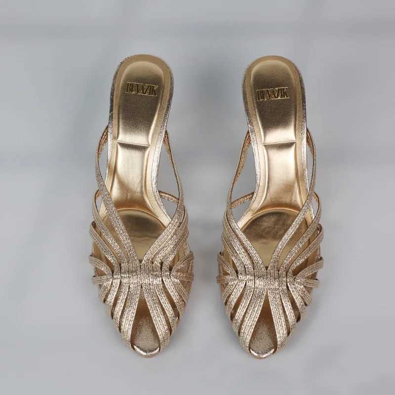 New Gold Hollow Thin Strip H for Women Pointed Toe Heeled Pumps Off Lady Mes Summer Stiletto Shoe Sandals 2025 Y250627