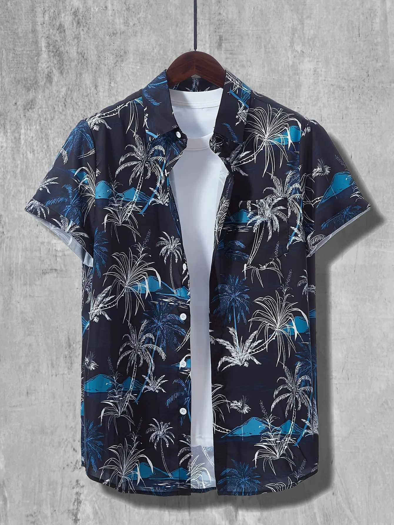 Coconut Palm Print Hawaiian Shirt Mens Casual Button Up Short Sleeve Shirt For Summer Beach Vacation Resort oversized clothing W250627