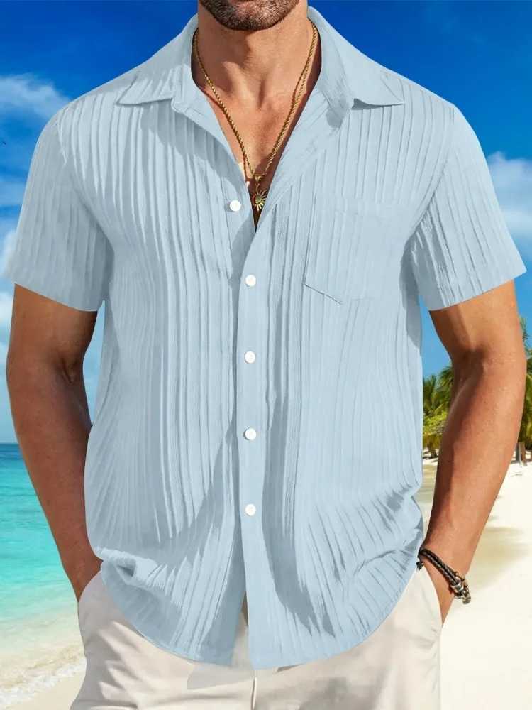 2024 Mens New Casual Fashion Striped Jacquard Pit Strip Lapel Chest Pocket Beach Outdoor Short-Sleeved Casual Shirt W250627