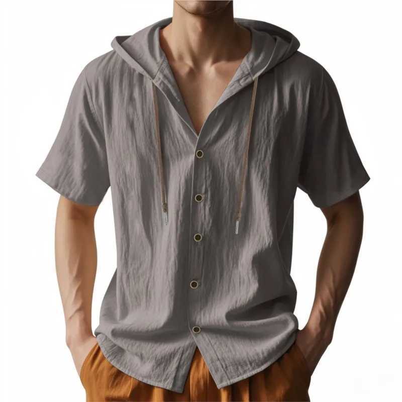 Mens Short Sleeve Shirt Cotton Linen Solid Color Shirts Men Hooded Casual Shirt Man Single Breasted Tops Men Breathable Shirt W250627