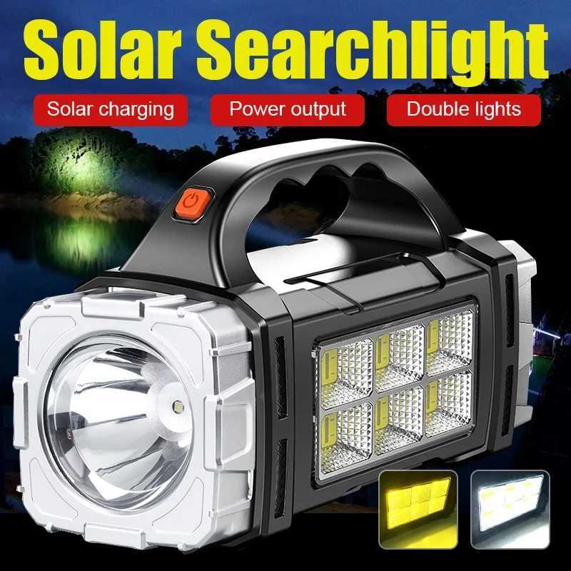2024 Powerful LED Flashlight USB+Solar Rechargeable Flashlight COB Outdoor Camping Torch Portable Searchlight Power Bank Outdoor W250701