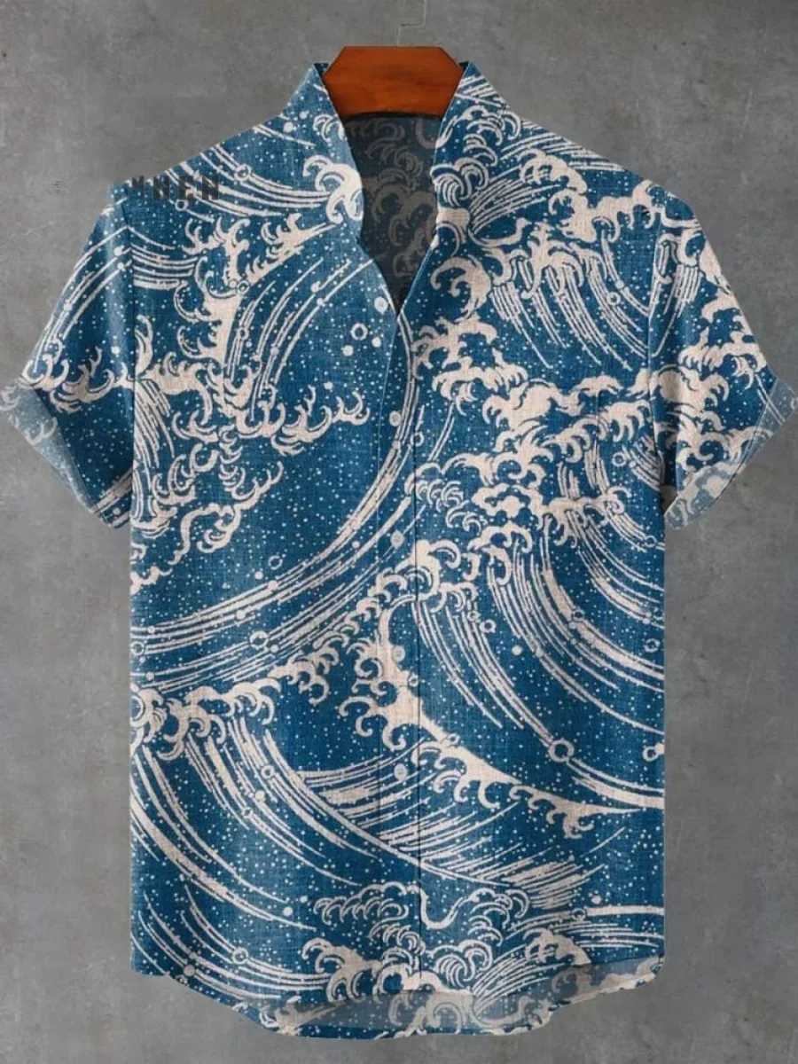 2025 Mens Summer Short-sleeved Shirt New Printed Linen Shirts European And American Popular Elements Printed Shirt W250627