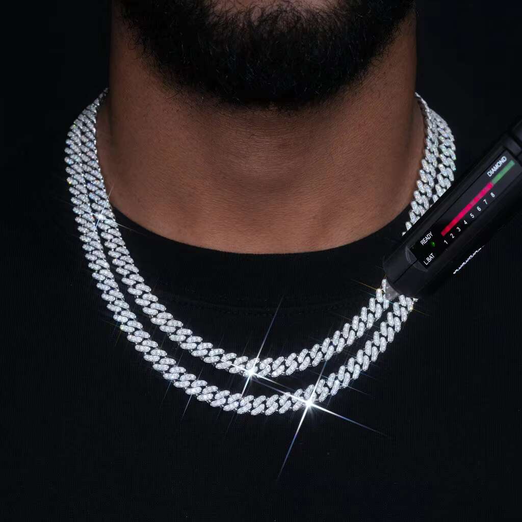Super Shining Moissanite Cuban Chain Hiphop Necklace 8mm Custom Small Size Real 925 Silver Cuban Link Chain
