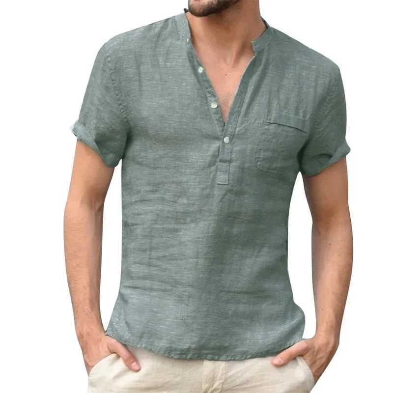 High Quality 2025 New Mens Cotton Linen V Neck Bandage T Shirts Male Solid Color Casual T-shirt Tops S-3XL W250627