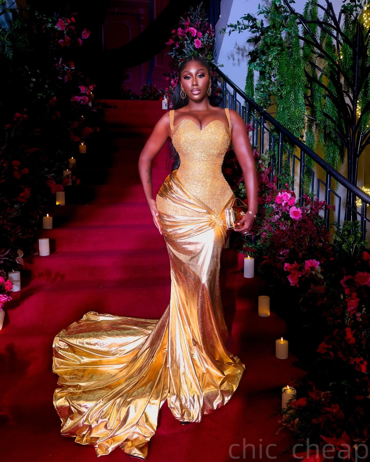 Gold Mermaid Prom Dresses 2025 Spaghetti Beaded Satin Sparkly Evening Formal Party Second Birthday Engagement Gowns Plus Size Dress For Special Occasi