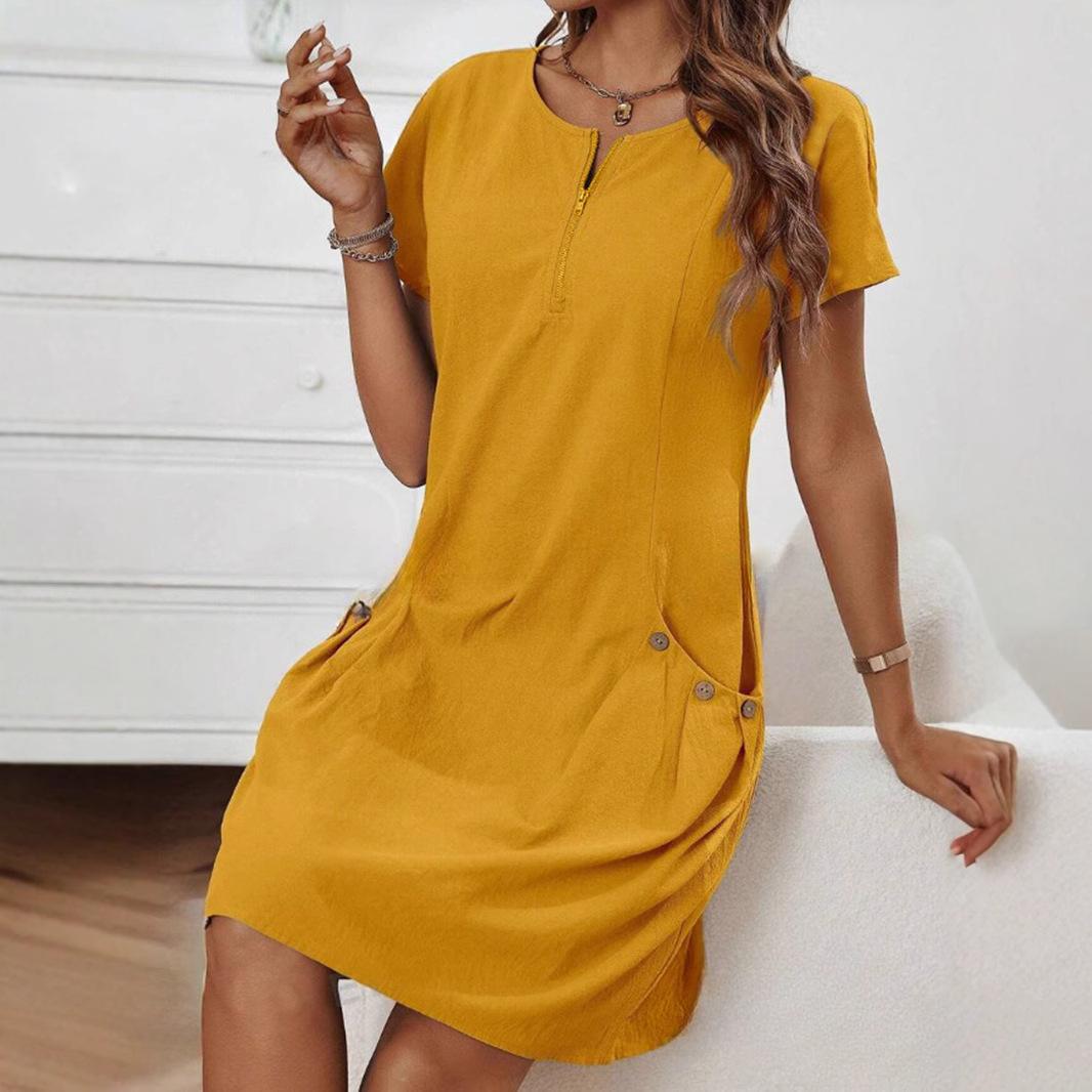 G627Foreign trade European and American women's summer spot pocket zipper collar short-sleeved dress