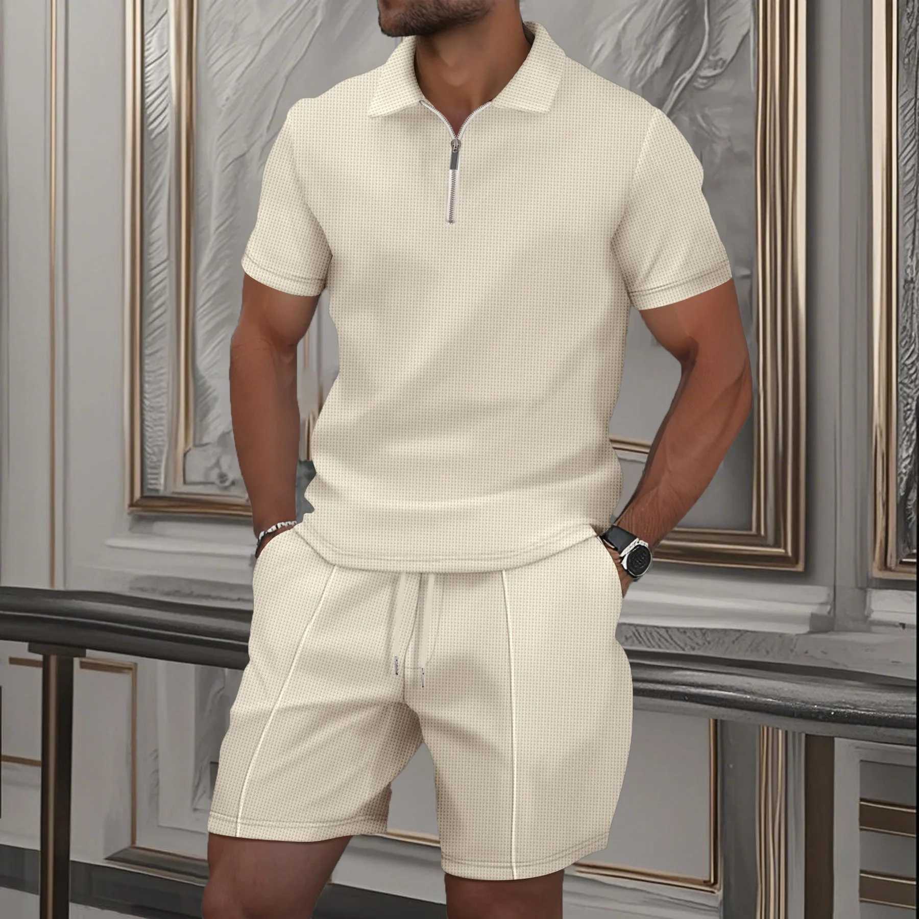 2025 New Summer Mens Short-sleeved Shorts Set Europe and the United States Waffle Solid Color Zip-up Lapel T-shirt Sweatshirt XJ250627