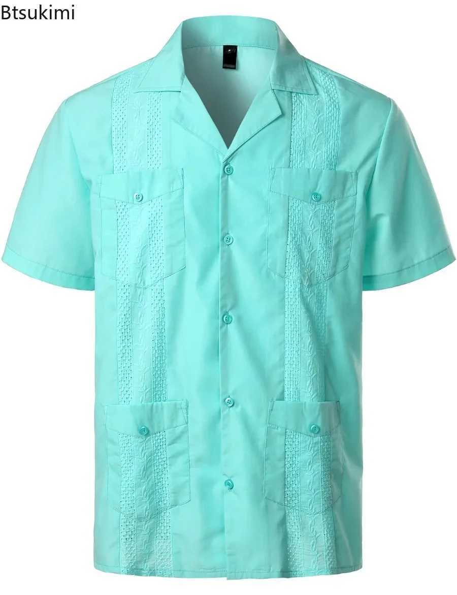 Summer New Mens Shirts Multi-pockets Lapel Short Sleeve Single Breasted Cardigan Male Casual Beach Shirts Traditional Costumes W250627