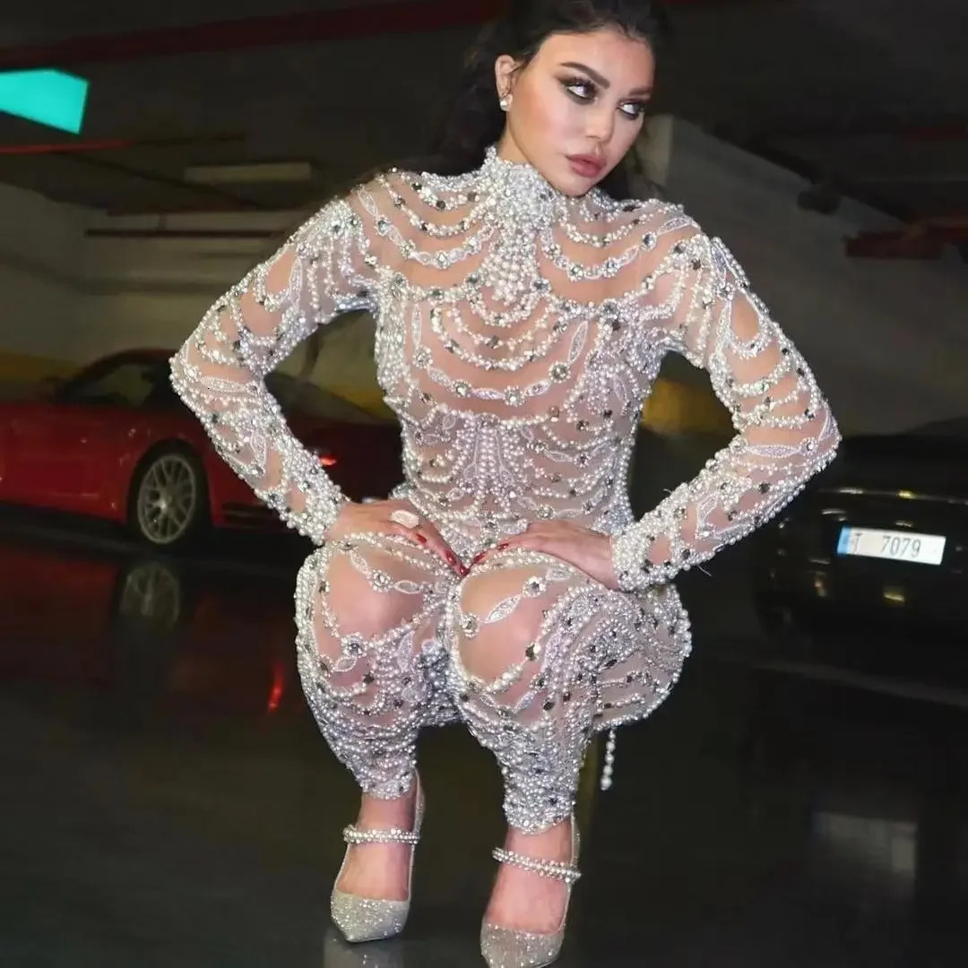 Nightclub Singer Sexy Perspective Backless Sparkling Birthday Party Evening Jumpsuit DJ Tight Performance Stage Costume 250624