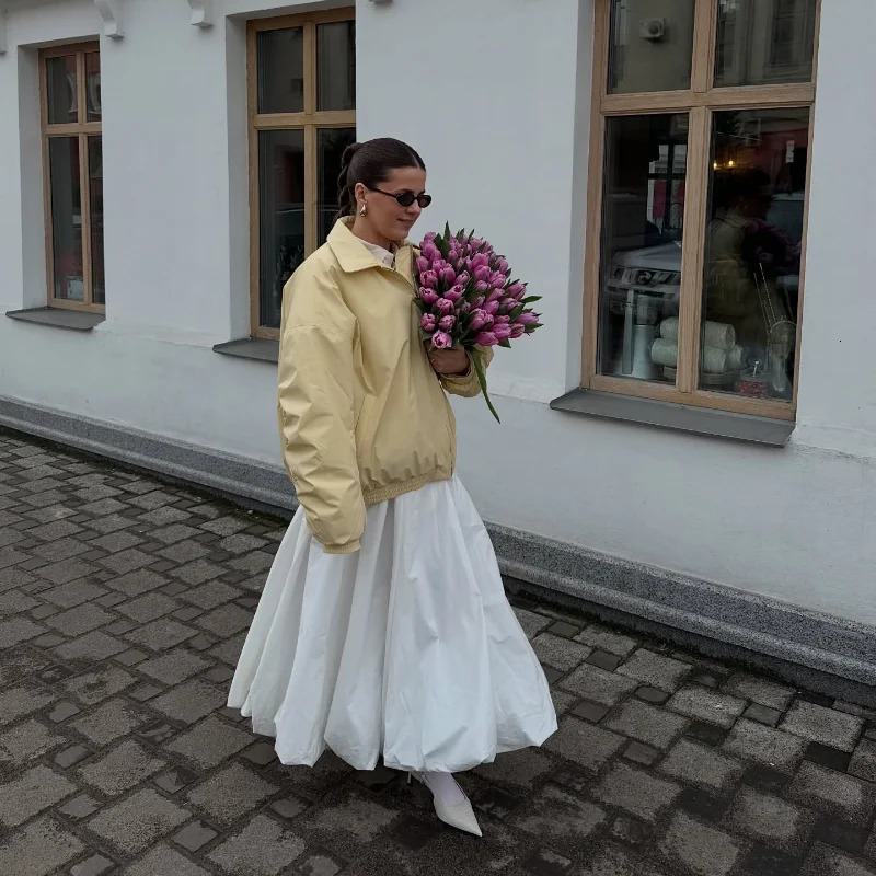 Fashion Trendy Oversized Goose Yellow Bomber Jacket Stylish Streetwear Flight Coat Loose Fit Casual jacket Versatile Coat 250627