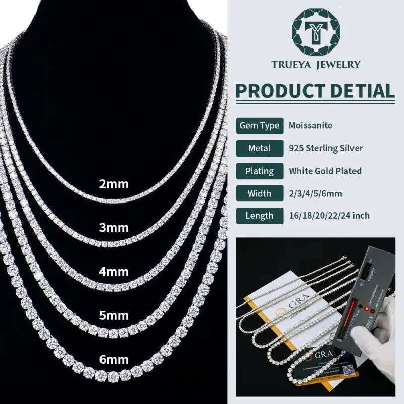 Moissanite Tennis Necklaces Gifts 2-6mm DEF Color VVS1 Round Cut Diamond Tennis Chain White Gold Plated 925 Sterling Silver