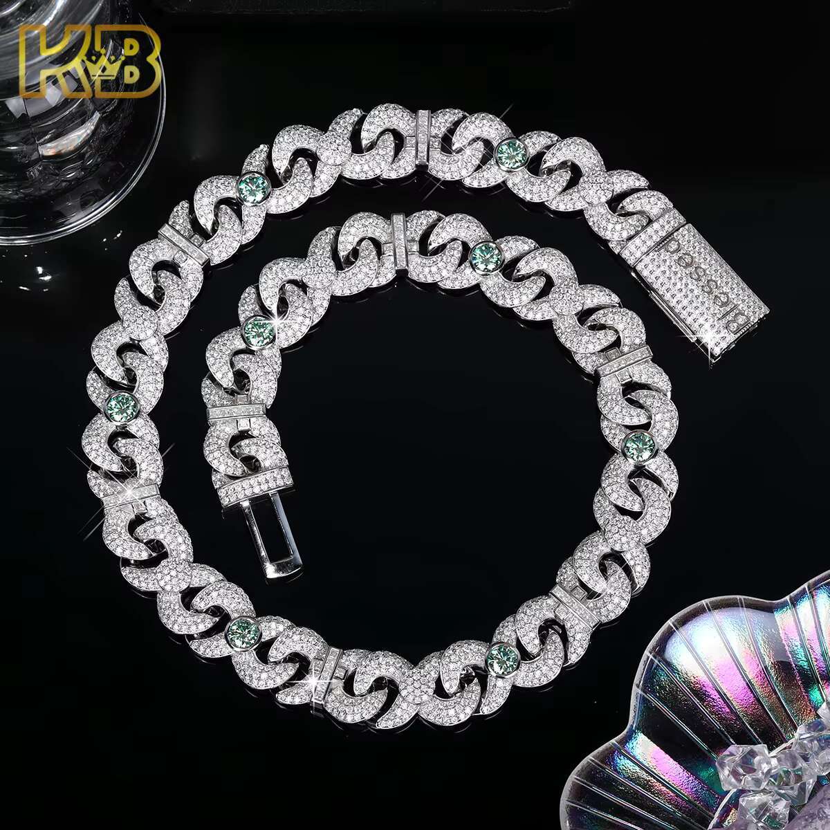 Luxury Iced Out VVS Moissanite Cuban Link Chain Necklace for Men 925 Sterling Silver Hip Hop Bling Jewelry with Green Gem Accent