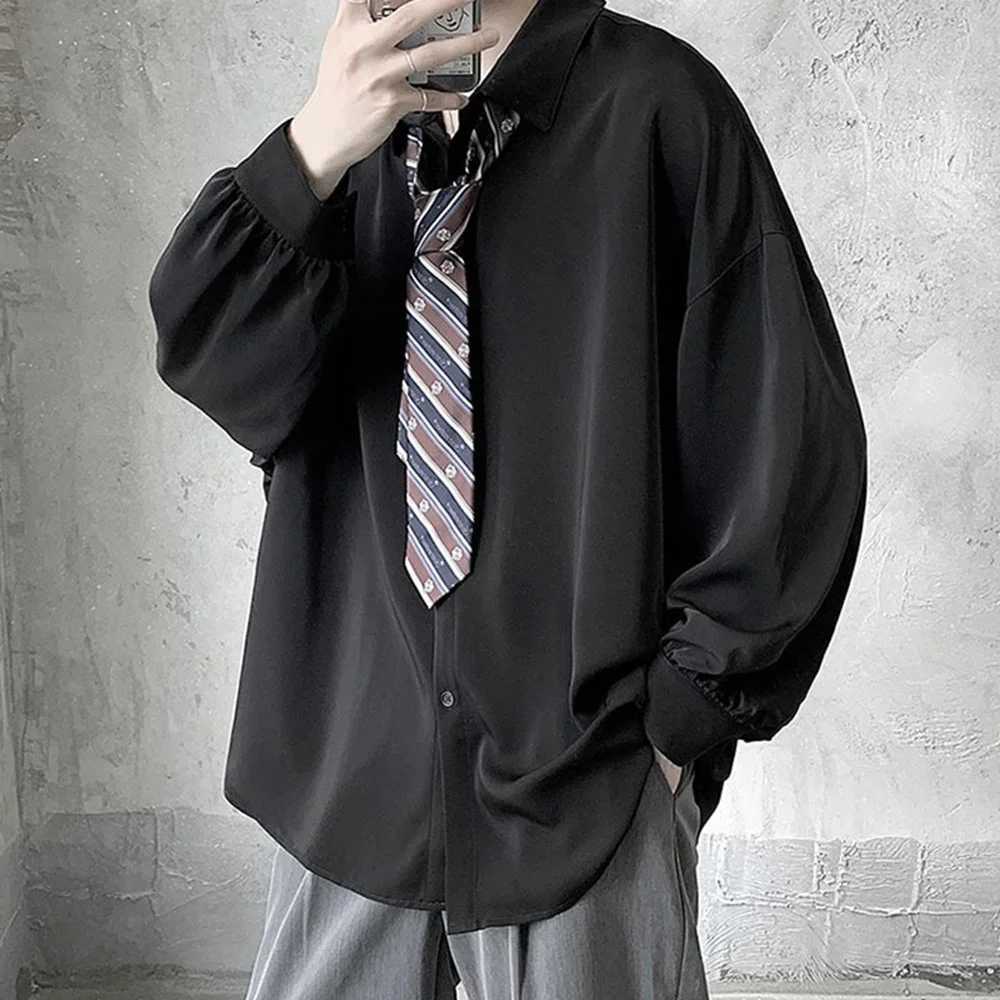 Korean Style Mens Long-sleeved Shirts Black Tie Cozy Casual Solid Oversize Blouses Breathable Loose Shirt Harajuku Male Clothes W250627