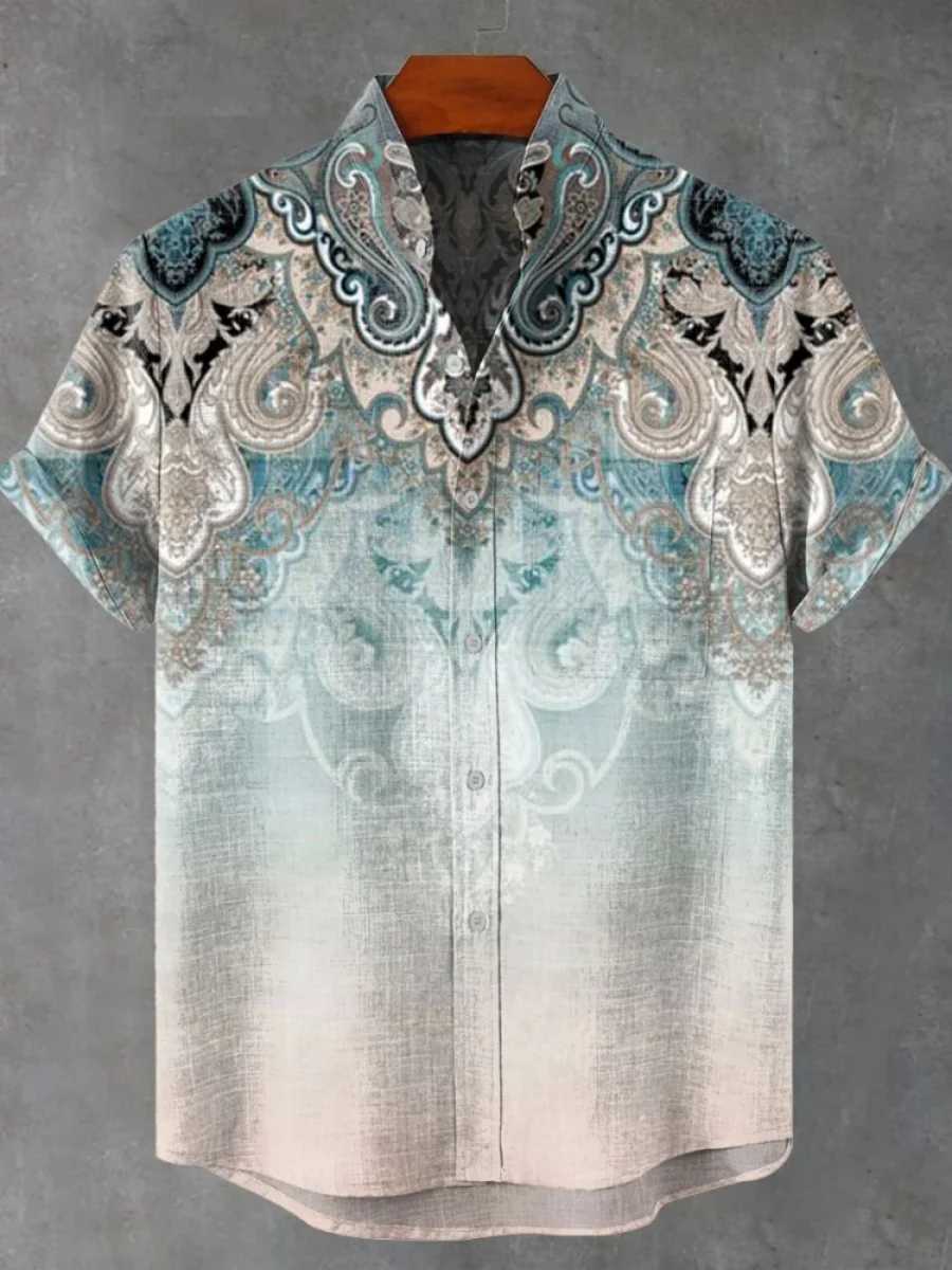 2025 Mens Summer Short-sleeved Shirt New Printed Linen Shirts European And American Popular Elements Printed Shirt W250627