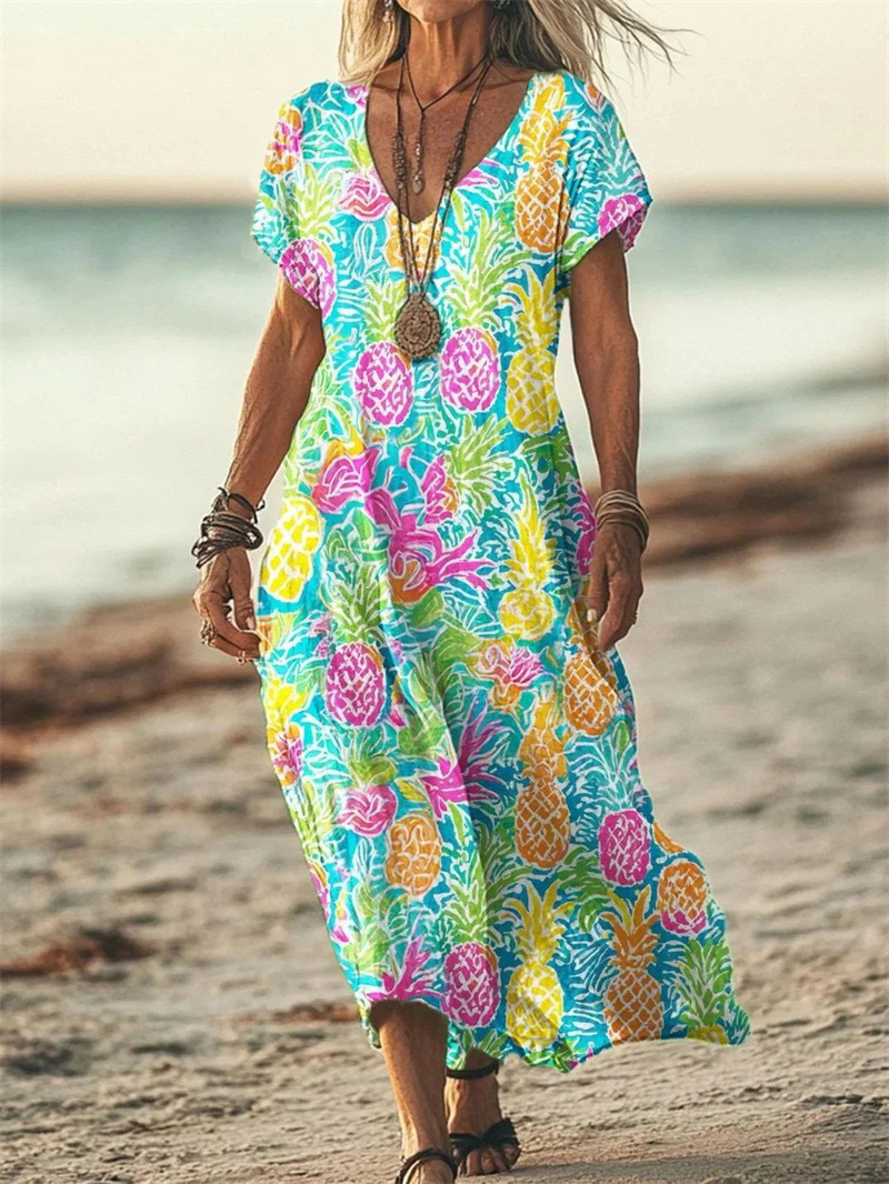 D6272New style printed summer loose new style V-neck short-sleeved dress v-neck