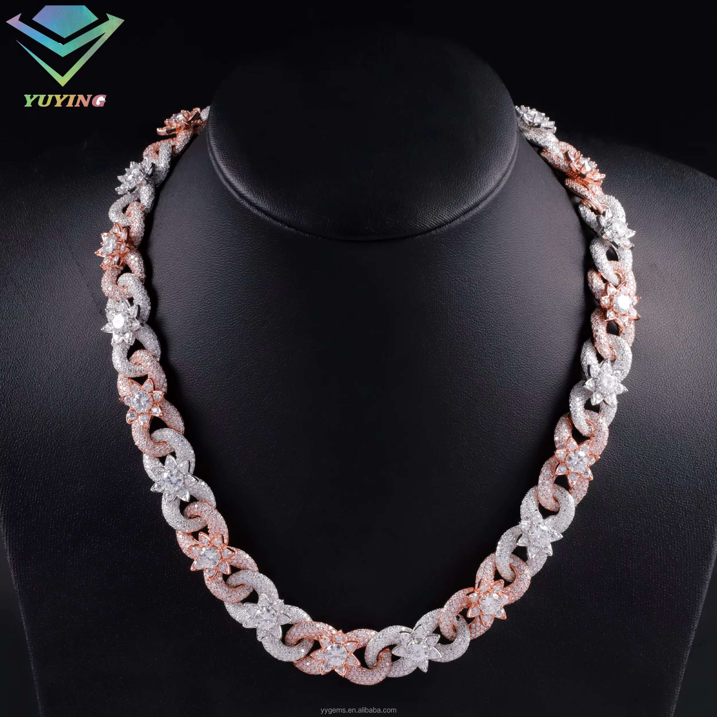 HOT SELLING 15mm Colorful Moissanite Flower Ready Stock Cuban Link Hip Hop Fancy Diamond Cuban Link Chain Moissanite 925