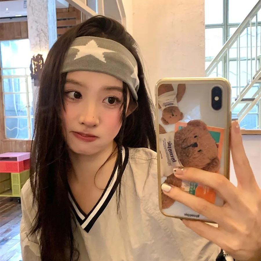 Gray Star Print Hip-Hop Wide-Hemmed Stretch Hairband - Casual, Fashionable, Minimalist, Versatile Knitted Sports Headwear for Women