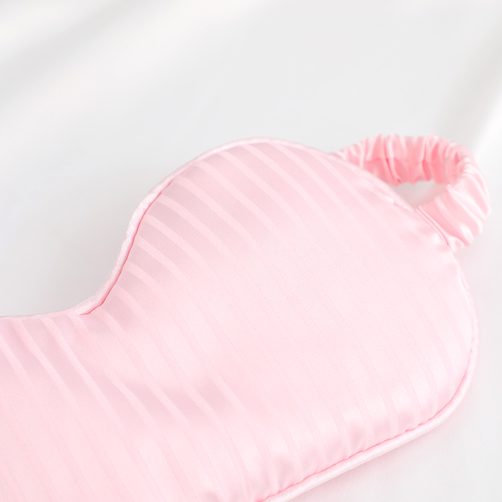 New silk-like striped pattern eye mask for light-blocking sleep - with logo printed on it. Essential for outdoor travel. In stock.
