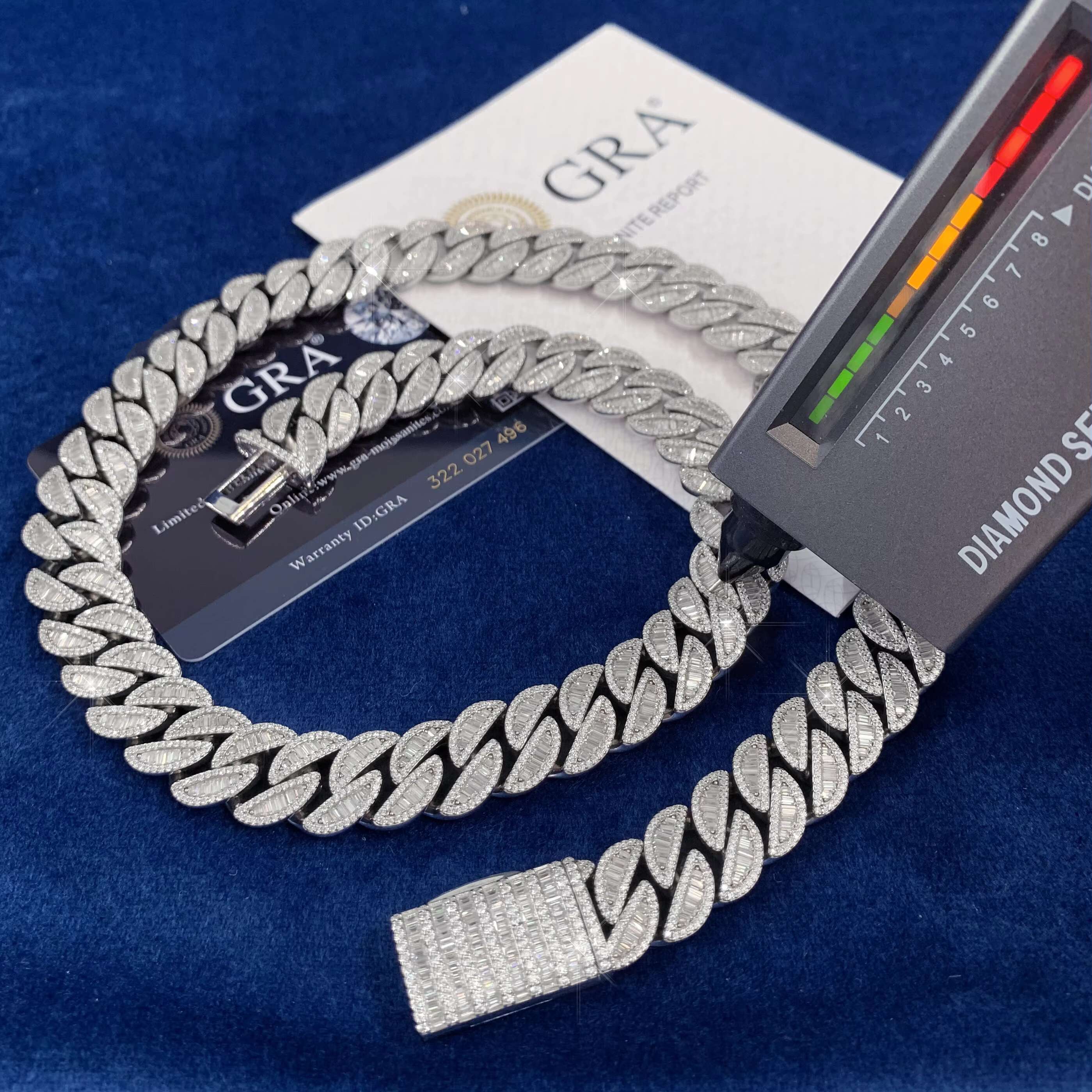 Hip Hop Moissanite Chain Cuban Men 18mm Necklace 925 Sterling Silver Baguette Iced Out Moissanite Chain